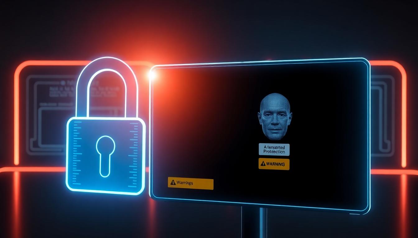 A digital lock protecting a creator's likeness on a screen, with an AI content warning tag and tech-inspired background. Image created with AI.