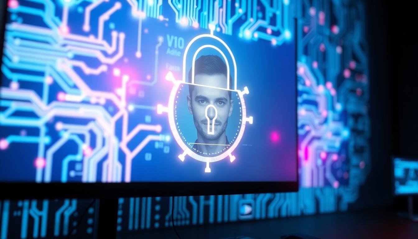 A digital lock glowing on a screen, symbolizing AI-powered protection of creators' faces and voices in YouTube videos. Image created with AI.