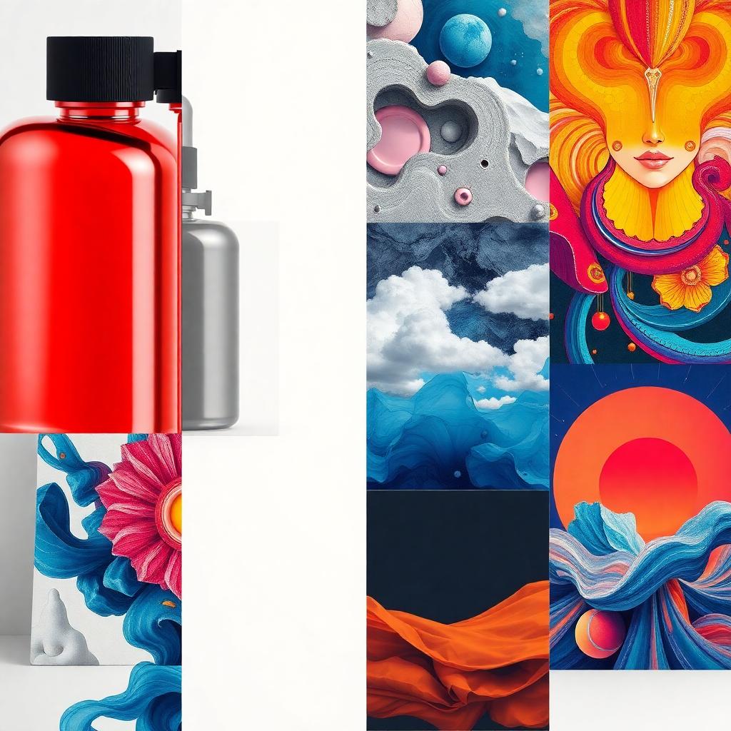 Close-up montage of diverse AI-generated art styles including photorealistic product shot, painterly impressionism, bold graphic poster, digital surreal, all in cohesive color palette, on a neutral studio setup. Image created with AI.