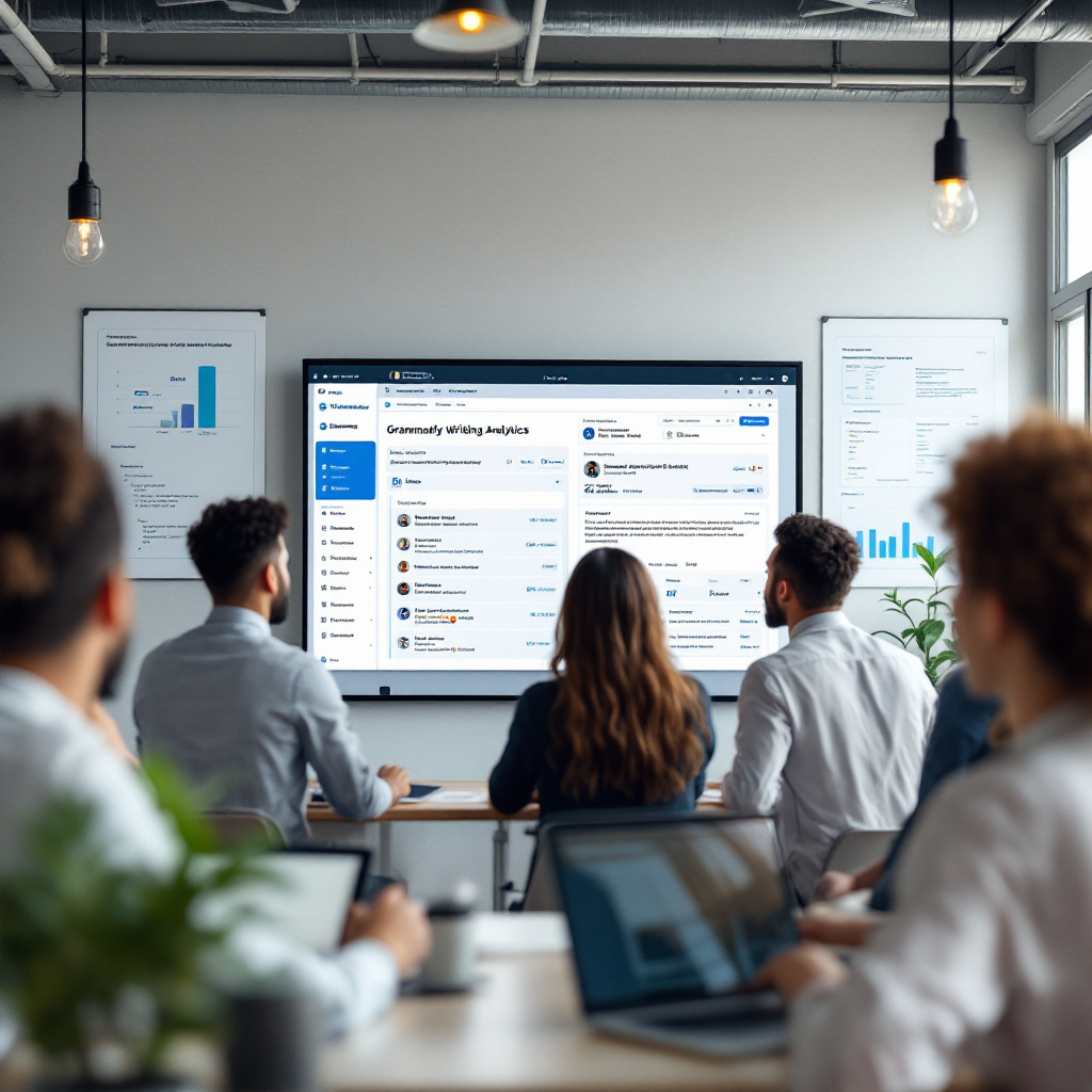 AI developers collaborating around a shared screen with Grammarly analytics and brand tone settings visible. Image created with AI.