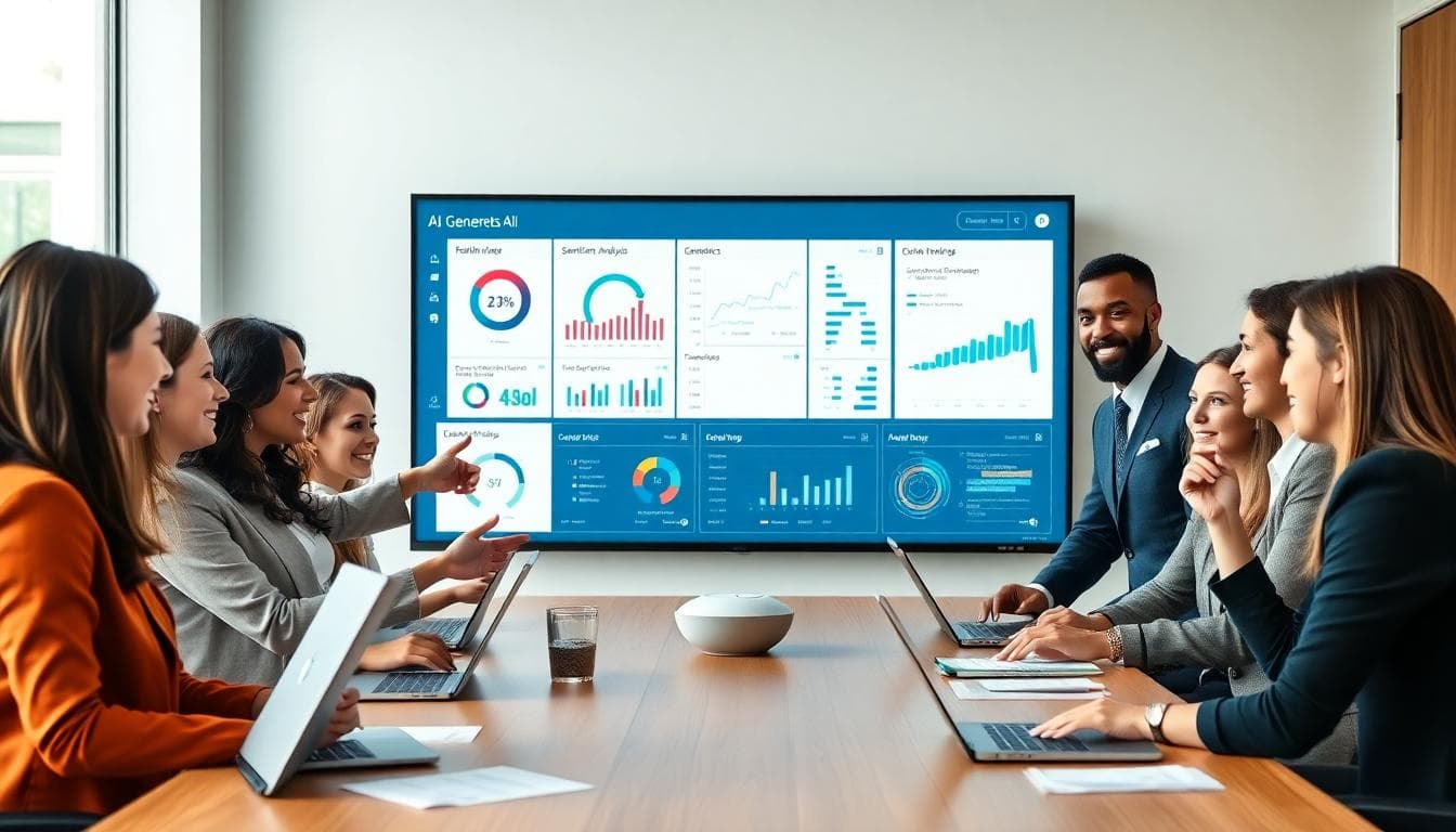 A diverse team reviewing an AI dashboard with real-time insights, sentiment charts, and citations while discussing decisions. Image created with AI.