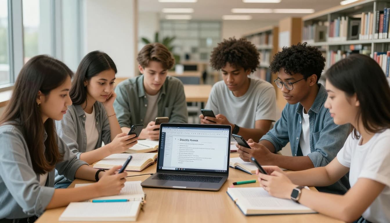 A diverse group of four college students in a modern library study room gathers around a shared laptop showing Docsity AI merged notes, discussing quizzes on phones amid books and highlighters.