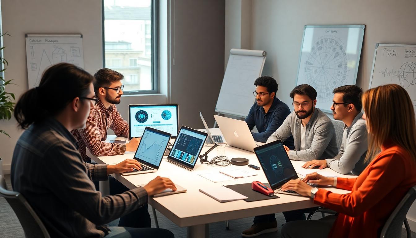 Photorealistic image showing a diverse team of data scientists collaborating in a modern, light-filled office, discussing AI model dashboards and sharing ideas. Image generated by AI.