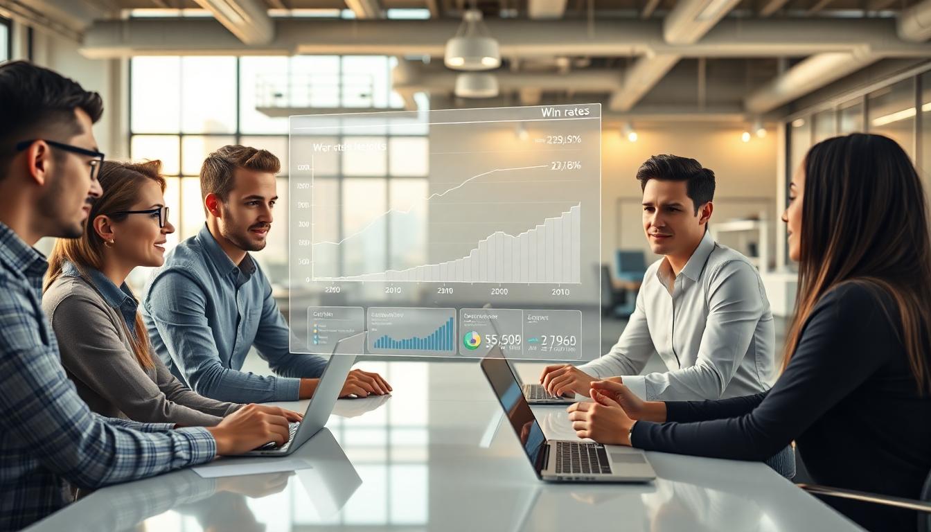 Photorealistic image of a diverse marketing team collaborating around AI-driven A/B testing dashboards in a modern open-plan office. Holographic charts float above a sleek desk showing win rates and confidence intervals. Warm daylight, soft glow from screens, clean and organized workspace, data-driven decision making, professional tone. Image created with AI