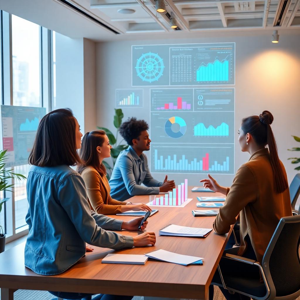 Photorealistic office scene showing a diverse marketing team collaborating on AI-driven A/B test dashboards, holographic charts and dashboards, modern workspace, warm daylight, subtle glow of data visualizations. Image created with AI