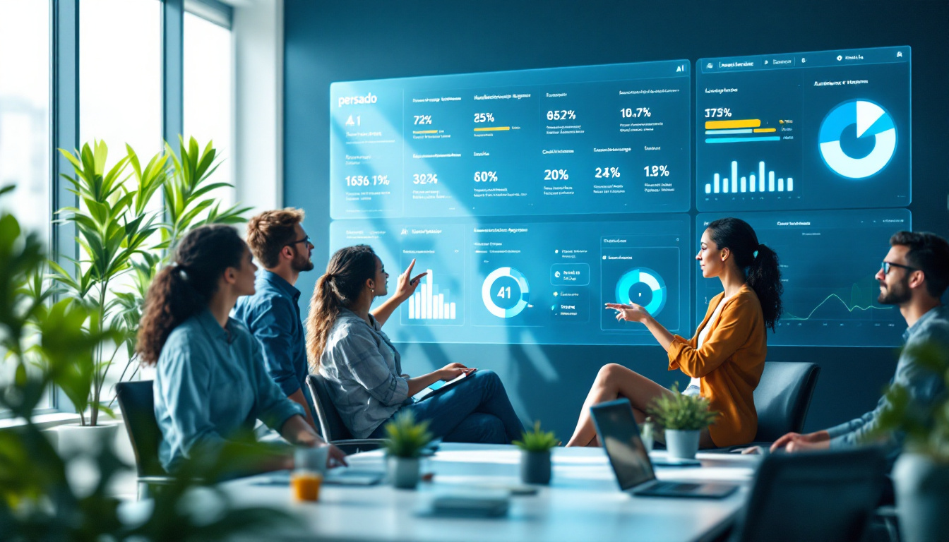 A diverse marketing team in a bright, modern office studies a translucent dashboard illustrating Persado AI’s language variants, audience segments, and compliance indicators. The atmosphere feels focused and efficient, with a high-tech, accessible vibe. Image created with AI.