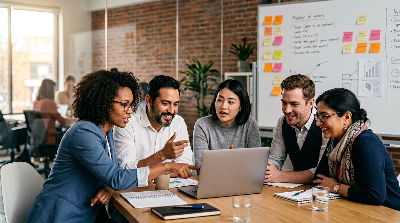 A diverse group of 4-6 professionals in a modern small office conference room collaborating around an open laptop, with subtle sticky notes and whiteboard in the background, warm natural lighting, realistic candid photo-realistic style.