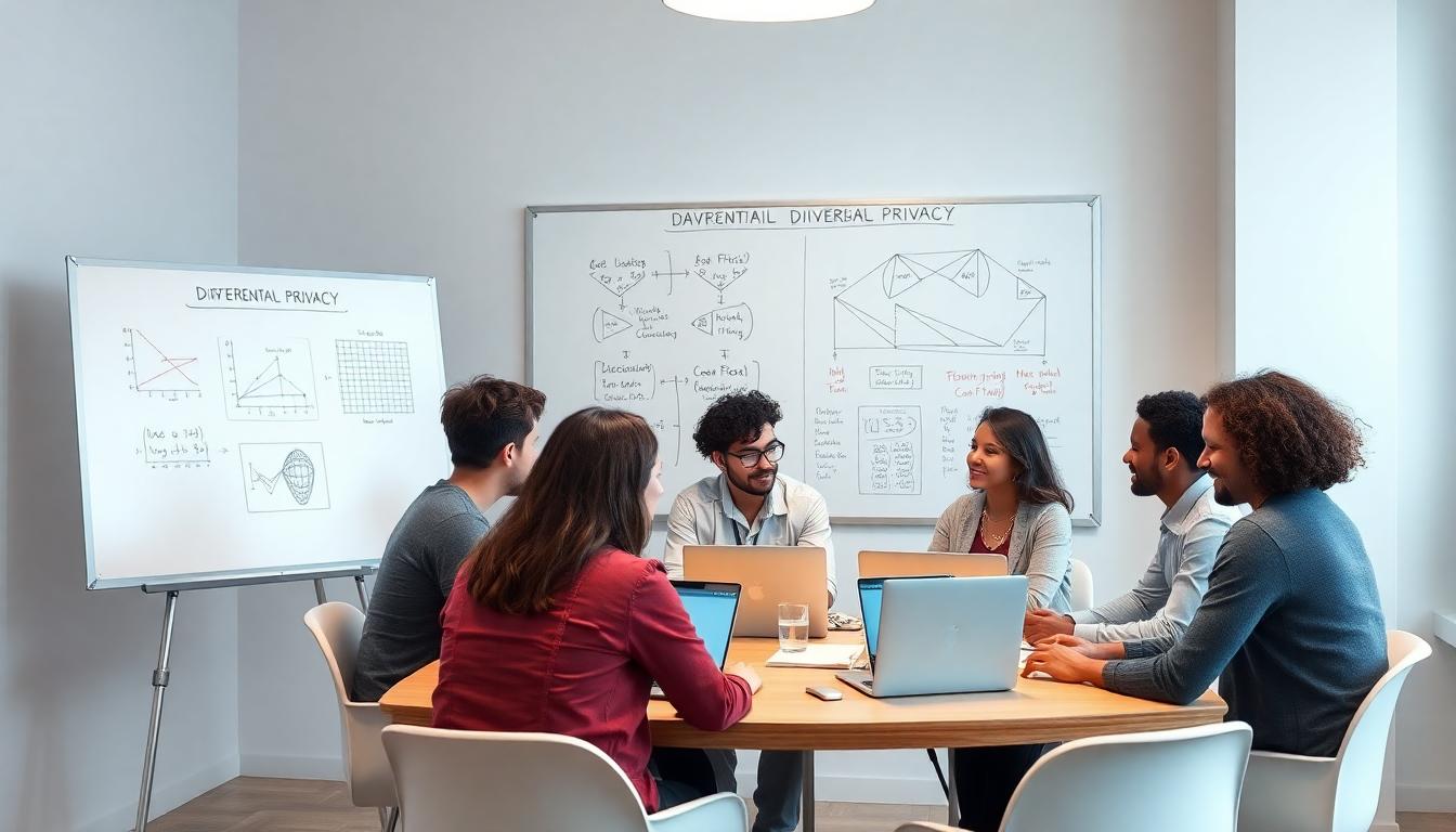 A photorealistic image showing a group of researchers in a modern lab, collaborating on a whiteboard filled with privacy and AI training diagrams, reflecting a hands-on approach to data protection. Image created with AI.
