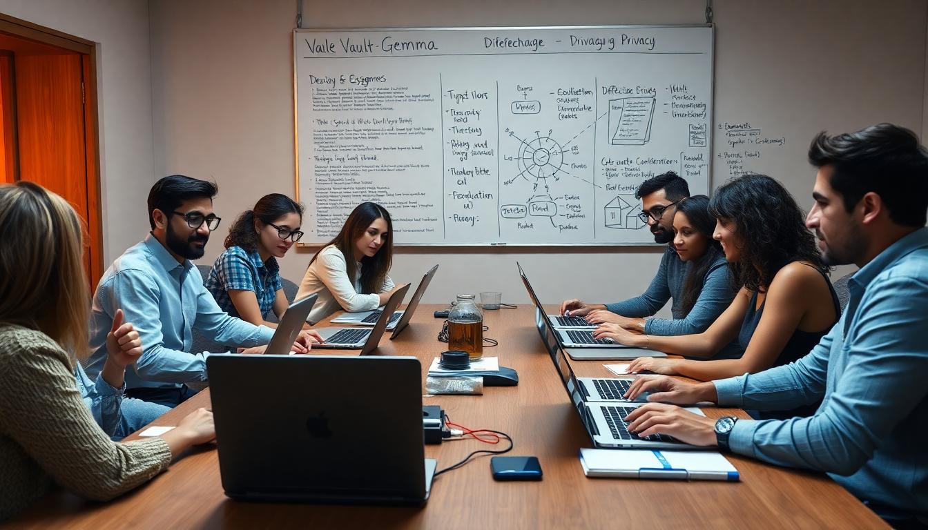 A conference room scene with a diverse team of researchers, collaborating at laptops and a whiteboard filled with code and privacy diagrams, representing hands-on teamwork auditing VaultGemma. Image created with AI.