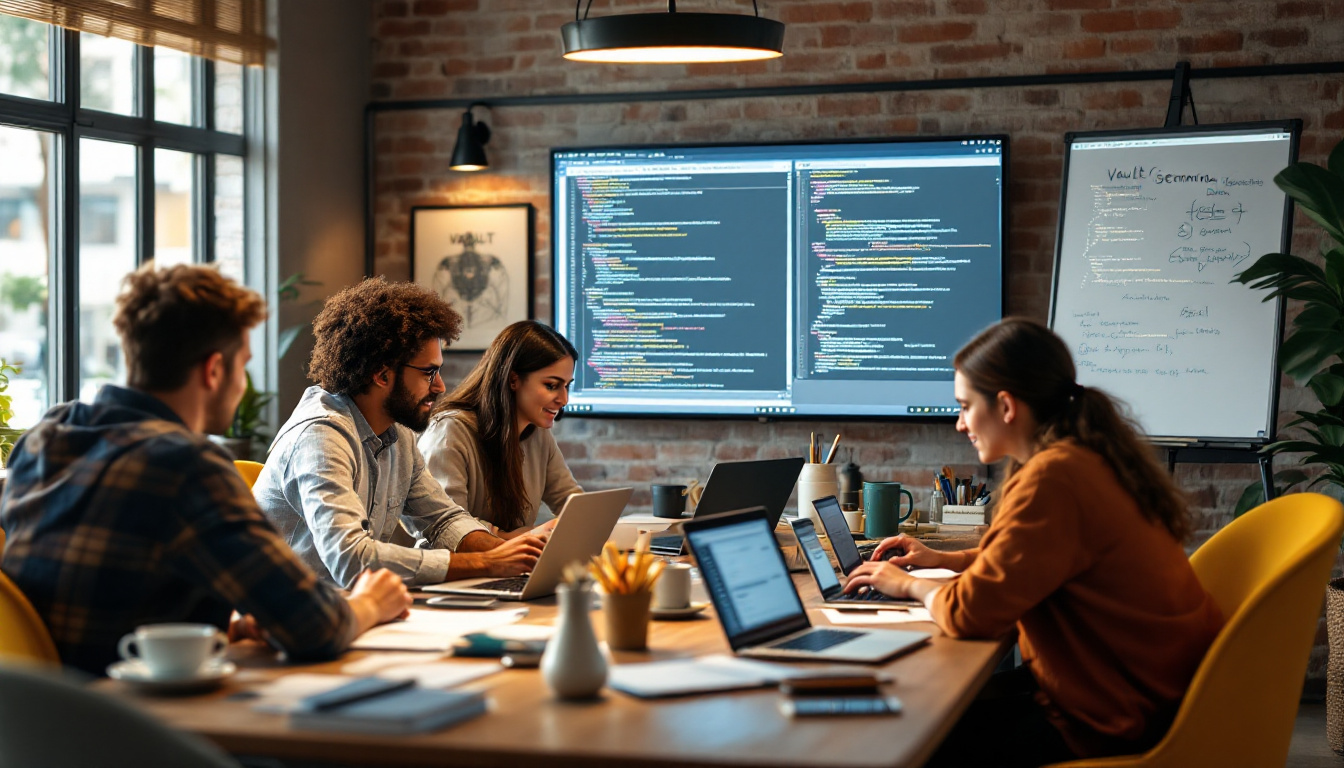 A photorealistic scene showing diverse researchers gathered around laptops and a whiteboard, discussing code and privacy for VaultGemma. Image created with AI.