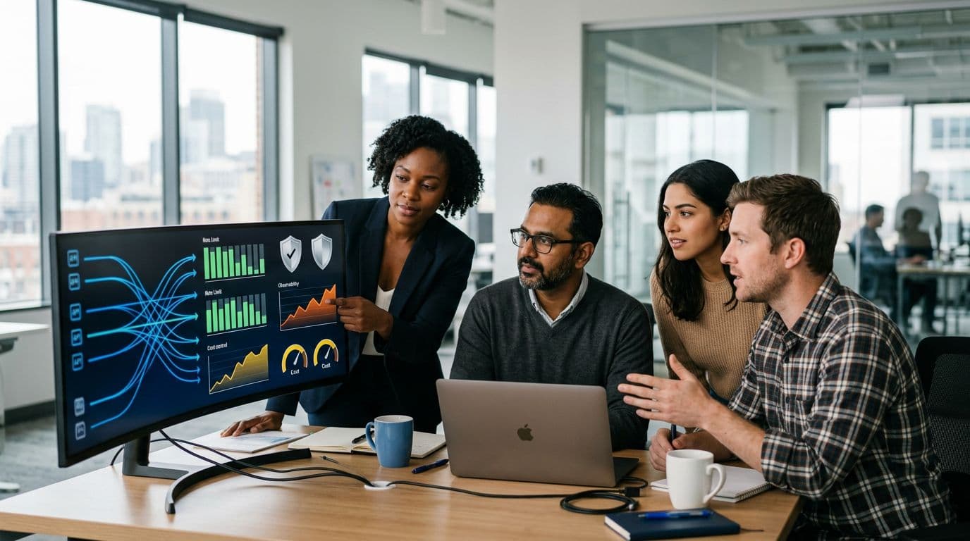 Photo-realistic landscape of four diverse professionals in a small US-based SaaS team reviewing an AI gateway LLM routing dashboard on a large curved monitor in a modern open-plan office. Natural daylight illuminates the scene with shallow depth of field focusing on the screen and attentive faces amid a contemporary tech workspace.