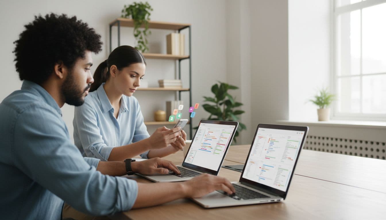 Diverse small business team of three collaborates in a modern workspace; two use laptops for planning social media posts with abstract visuals on screens, one checks smartphone notifications, photo-realistic with natural lighting.