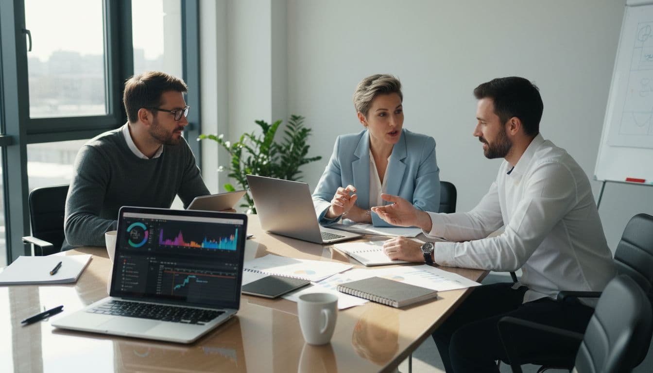 Three professionals—two men and one woman—in a bright modern office collaborate around a conference table, planning short-form video marketing campaigns with laptops and notes.