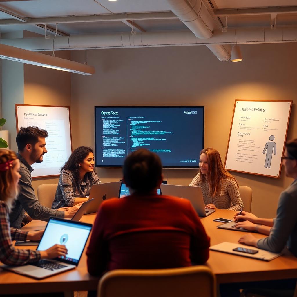 Photorealistic scene of a diverse team collaborating around laptops and whiteboards, showing open source software work, code snippets on screens, and symbols of collaboration and transparency. Emphasis on Hugging Face ecosystem context without explicit logos, modern tech office, warm lighting, cinematic color grading. Image created with AI.