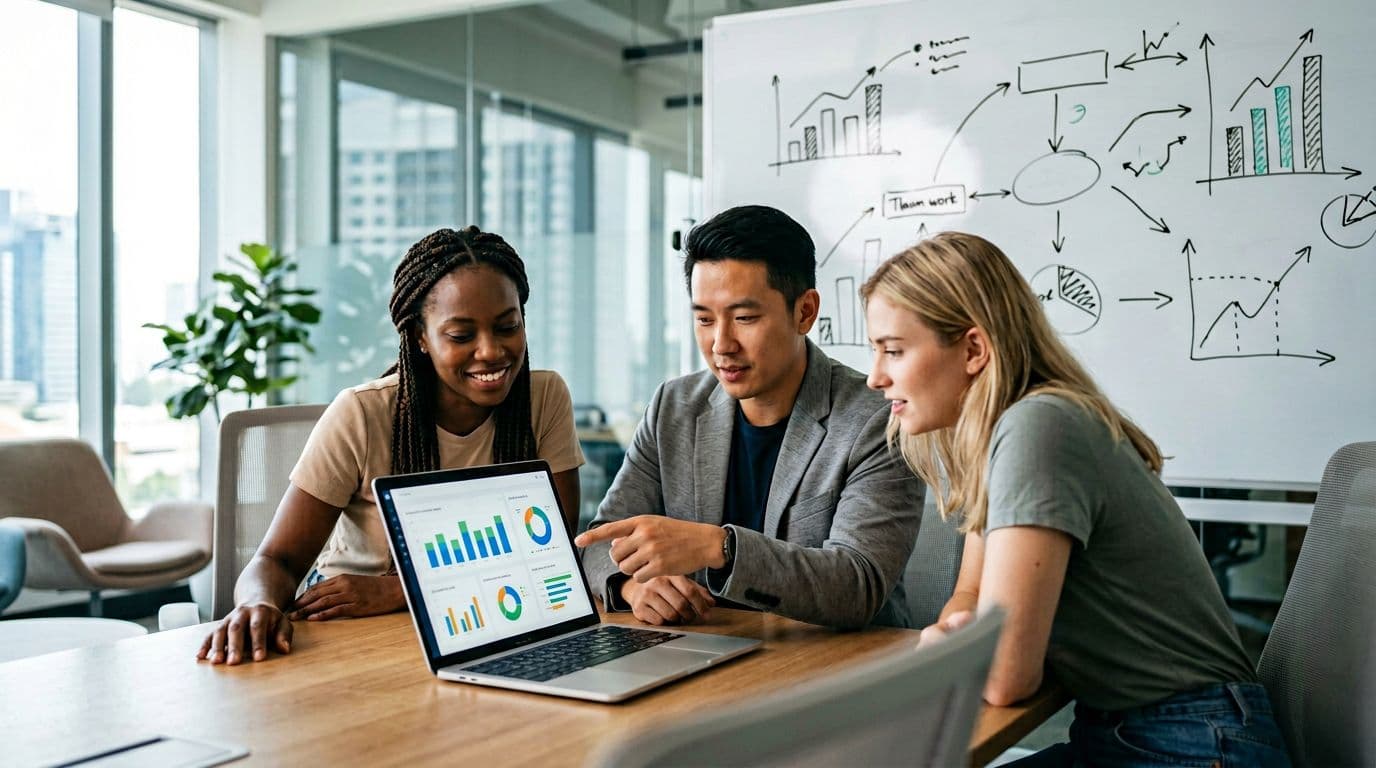 A diverse small team of three people in a conference room collaboratively looking at a laptop displaying generic document analytics, with a whiteboard showing abstract charts in the background, conveying evaluation and purchasing decisions.