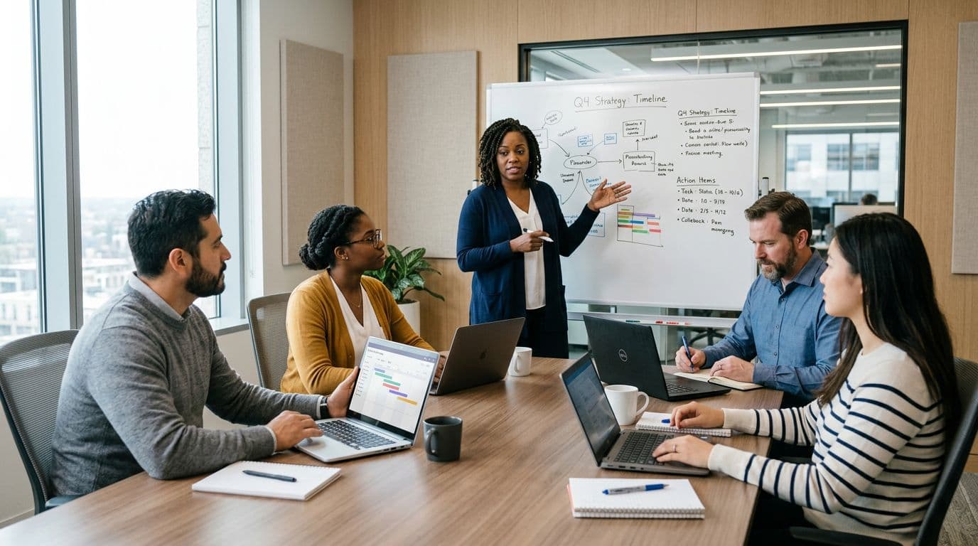 A diverse team of exactly five professionals collaborates in a modern mid-sized US conference room, with one presenting at a whiteboard and others using laptops on the table. Candid documentary photography style, photo-realistic with natural window lighting and shallow depth of field.