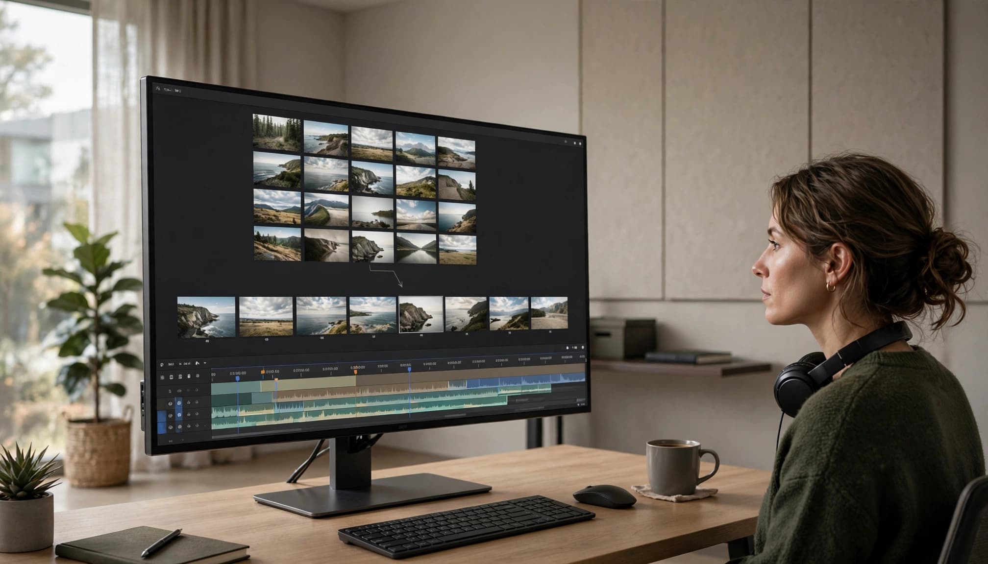 7 Best AI Agentic Video Tools for Creators 3 A video editor organizes documentary clips on a large screen.