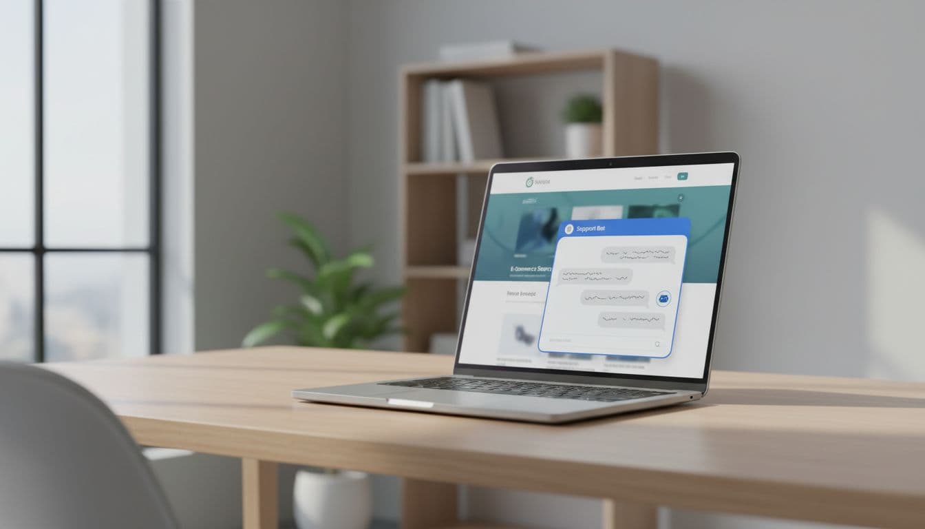 Photo-realistic laptop on a wooden desk in a home office displaying an e-commerce website chat window with an open generic conversation bubble. Modern 2026 tech scene with natural light, credible business vibe, no people, logos, or readable text visible.
