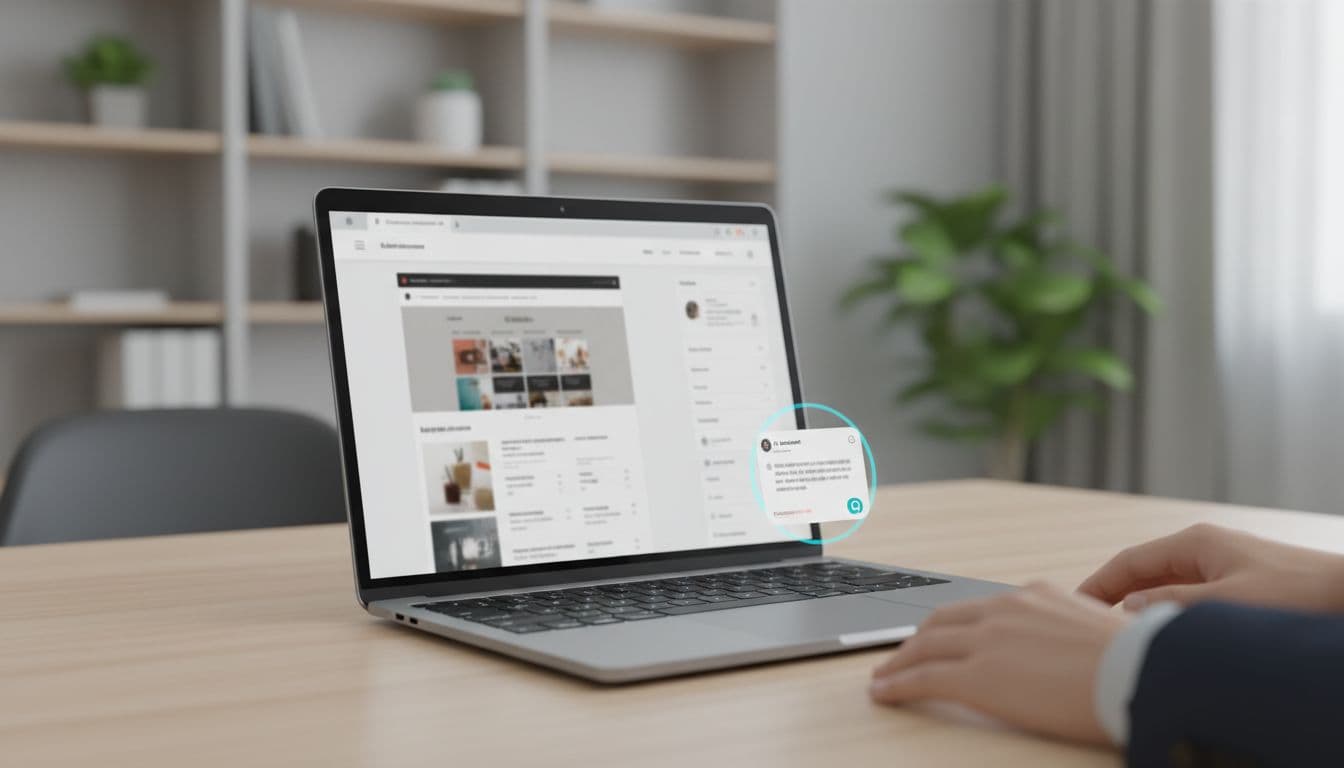 Photo-realistic view of a professional ecommerce storefront dashboard on a centered laptop screen in an office setting, featuring a live AI chat widget in the corner with an ongoing conversation and website preview visible under soft lighting.