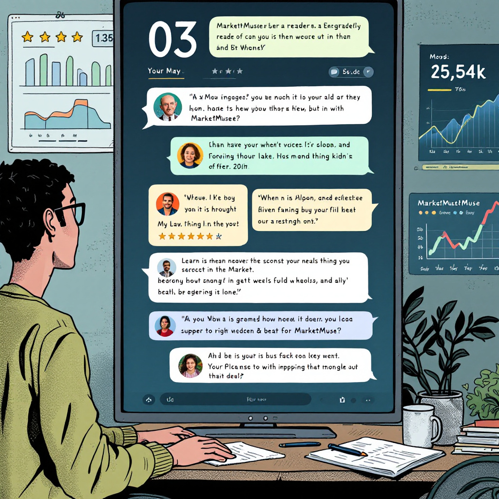 Engaged reader comments and feedback on a screen, diverse voices about MarketMuse, with charts and star ratings in the background. Editorial illustration with AI vibe. Image created with AI.