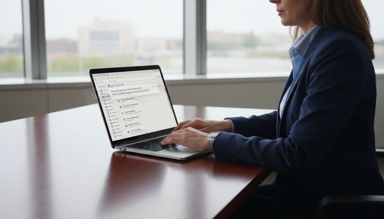 A single executive in a modern US office seated at a polished desk with an open laptop displaying Microsoft Outlook inbox and subtle AI overlay suggesting reply text, illuminated by natural daylight.