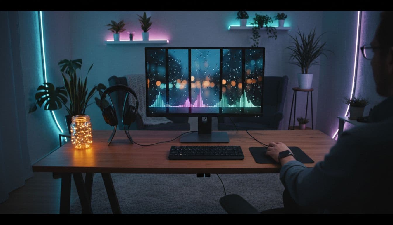 Photorealistic landscape image of an anonymous YouTube channel setup for lo-fi music streaming, featuring a computer screen with relaxing beats visualizer and rain animation, hands on mouse in a cozy room with plants, neon lights, and headphones for a relaxed evening vibe.