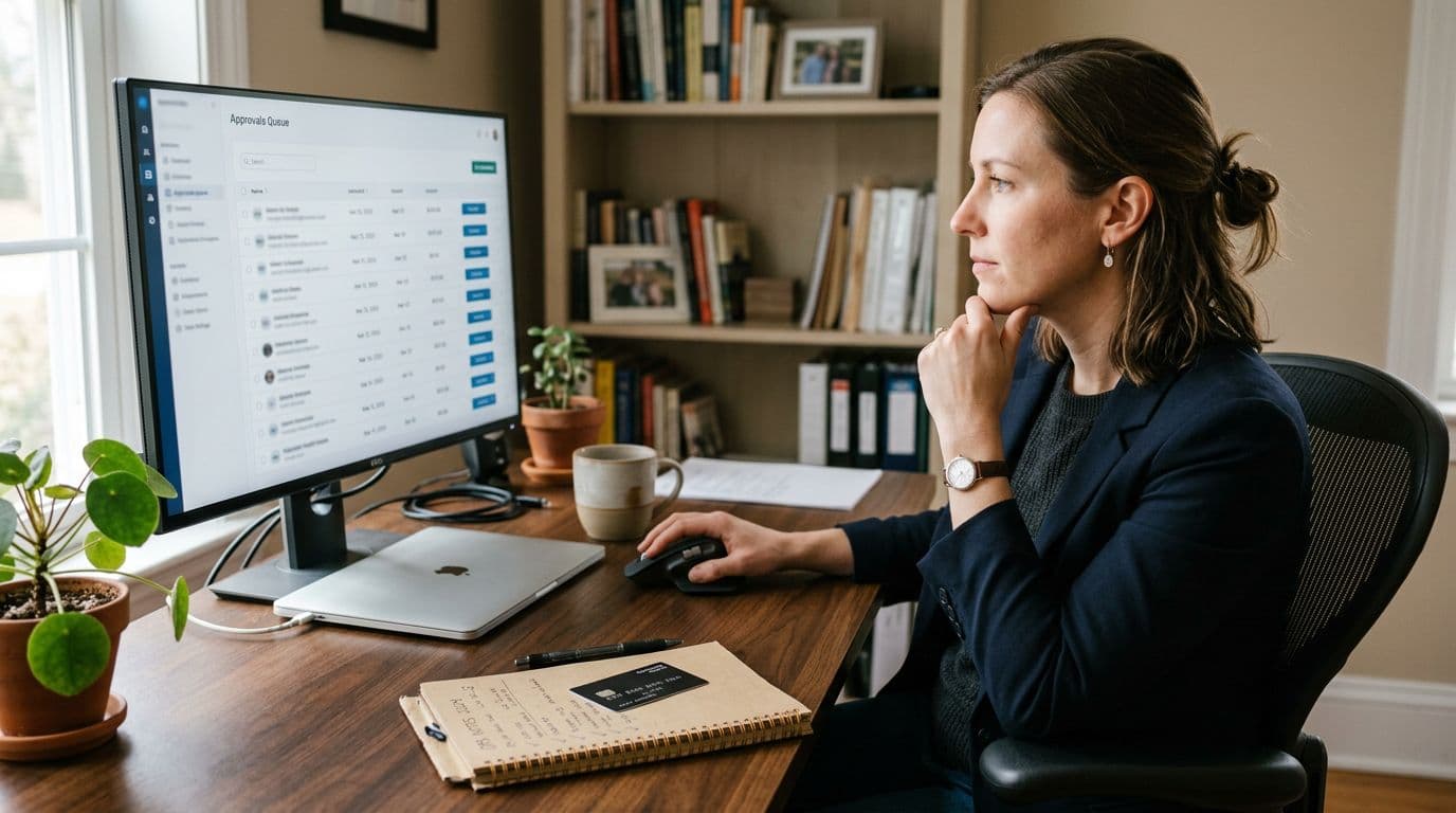 A professional finance or operations manager sits at a desk in a cozy home office, focused on reviewing expenses displayed on a large monitor showing a generic approvals queue interface. The scene includes a corporate card and notebook on the desk, with neutral tones, professional lighting, and a photorealistic editorial style.