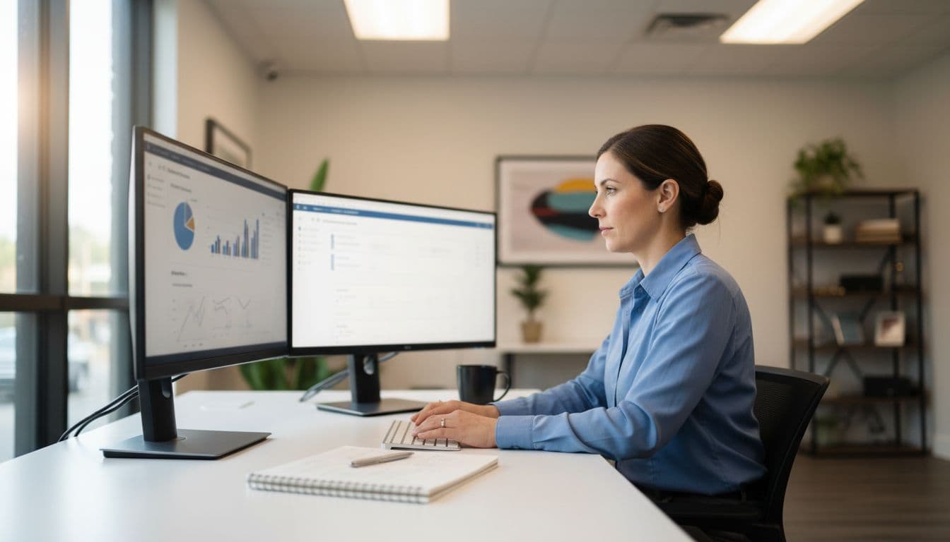 Photo-realistic scene in a US small-business accounting office featuring one finance manager at a desk with dual monitors displaying generic AP reports dashboard and QuickBooks-like interface, relaxed posture typing amid natural lighting and modern setup.