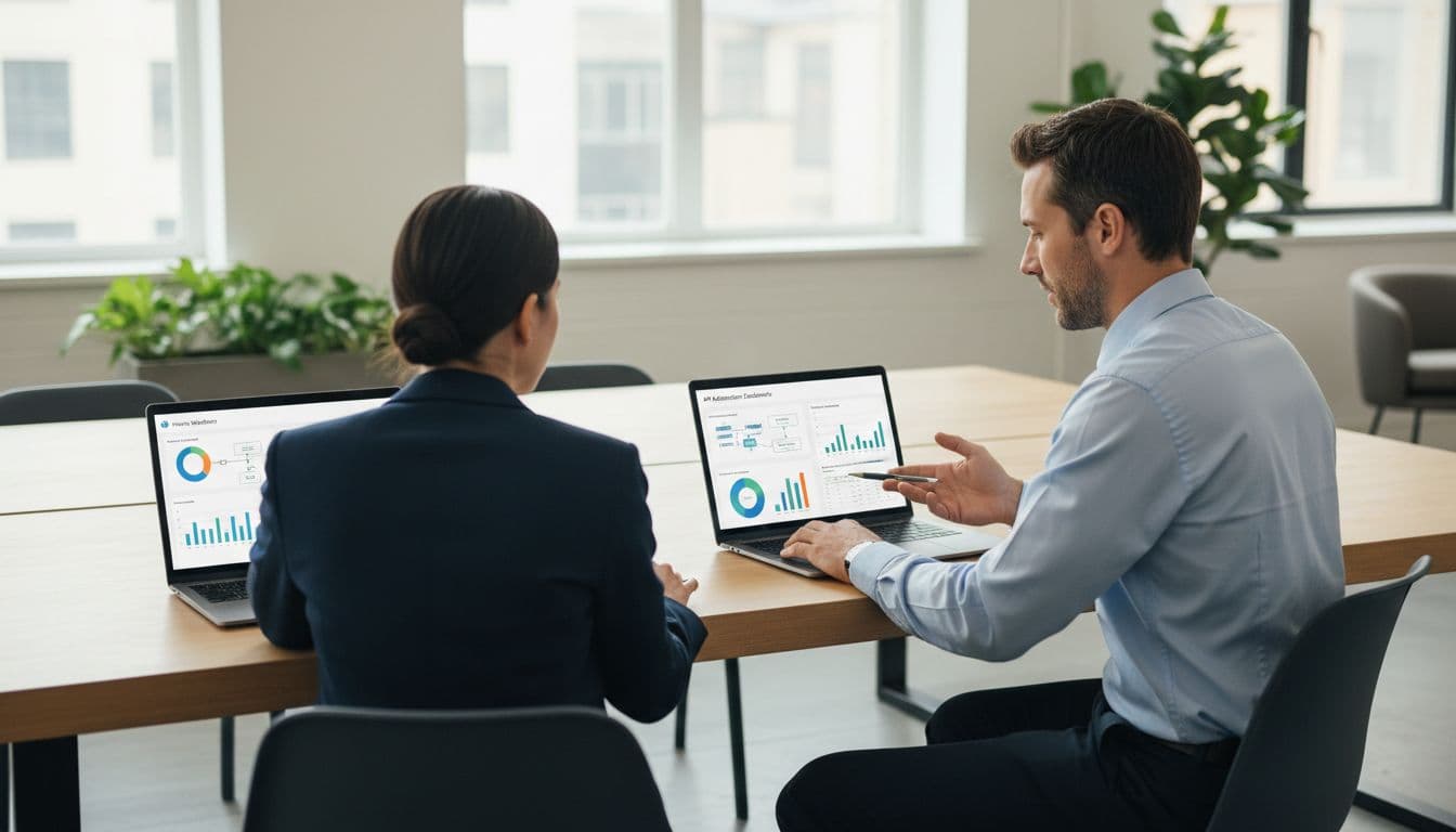 Two modern finance professionals analyze AP automation dashboards and invoice workflows on laptops in a bright open office, featuring subtle accounting charts on screens.