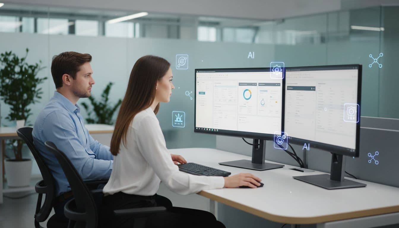 A professional male and female finance team compares bookkeeping software interfaces on multiple monitors, featuring subtle AI automation icons, charts, and QuickBooks windows in a clean modern office setting. The photo-realistic editorial style captures them focused on blurred screens with natural hand positions and bright even lighting.