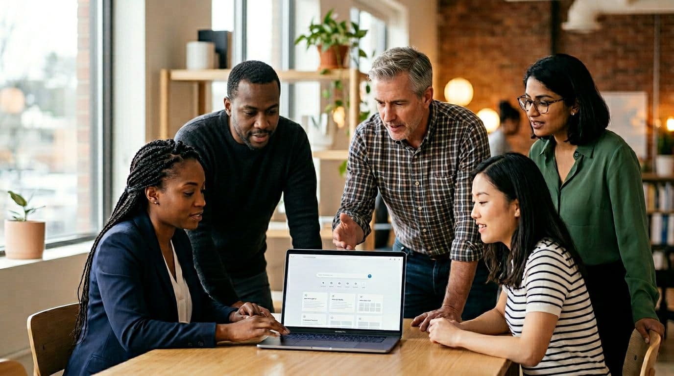 Five diverse professionals in a small modern office collaborate around a central laptop displaying a clean abstract knowledge base interface with search bar icons and article cards, photo-realistic documentary style with warm natural lighting and shallow depth of field.
