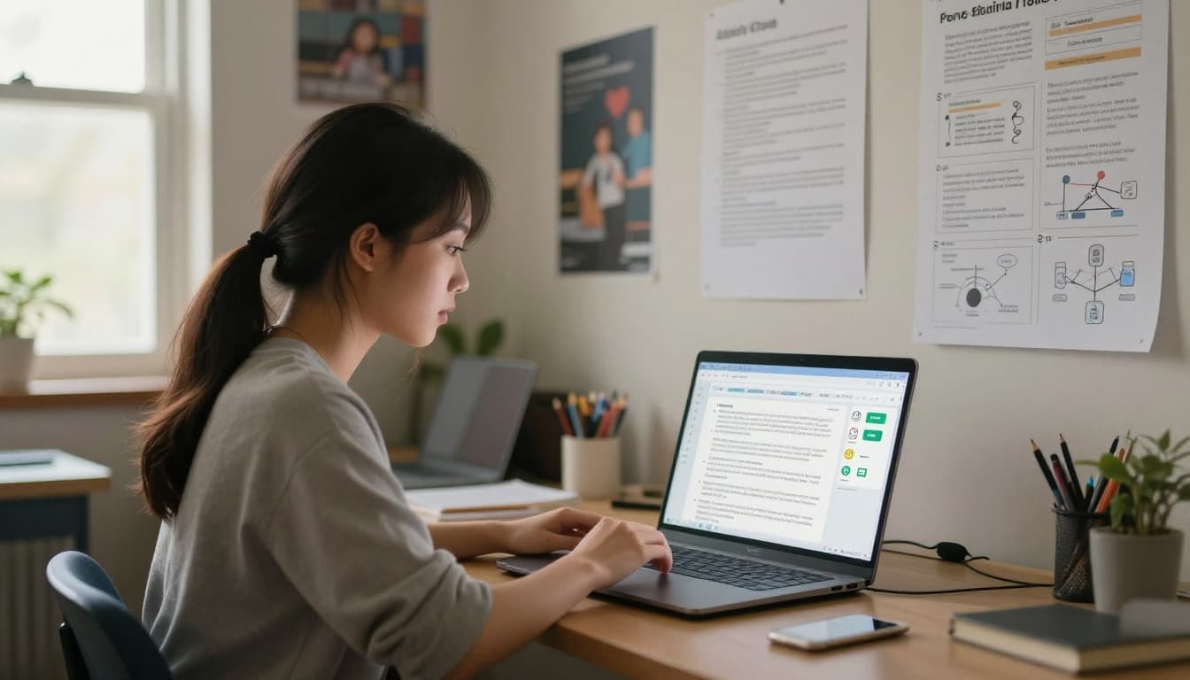 In a bright college dorm room, a focused Asian female student sits at her desk with laptop open to Docsity AI dashboard, uploading PDF lecture notes and viewing generated summary, quiz, and concept map previews.
