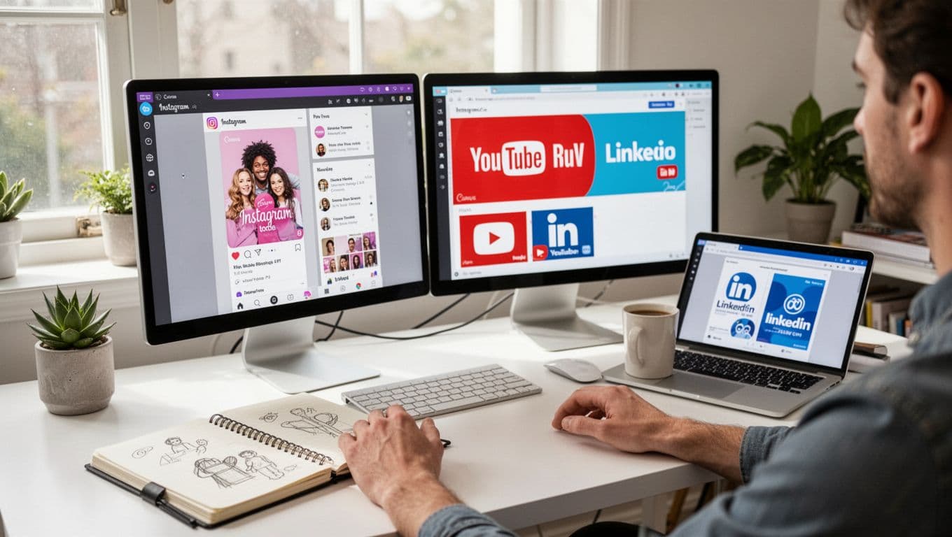 A focused marketer sits at a bright home office desk with dual computer screens displaying Canva designs for an Instagram post, YouTube thumbnail, and LinkedIn graphic. A laptop, notebook with sketches, and coffee cup are nearby, captured in photorealistic style with natural window light.