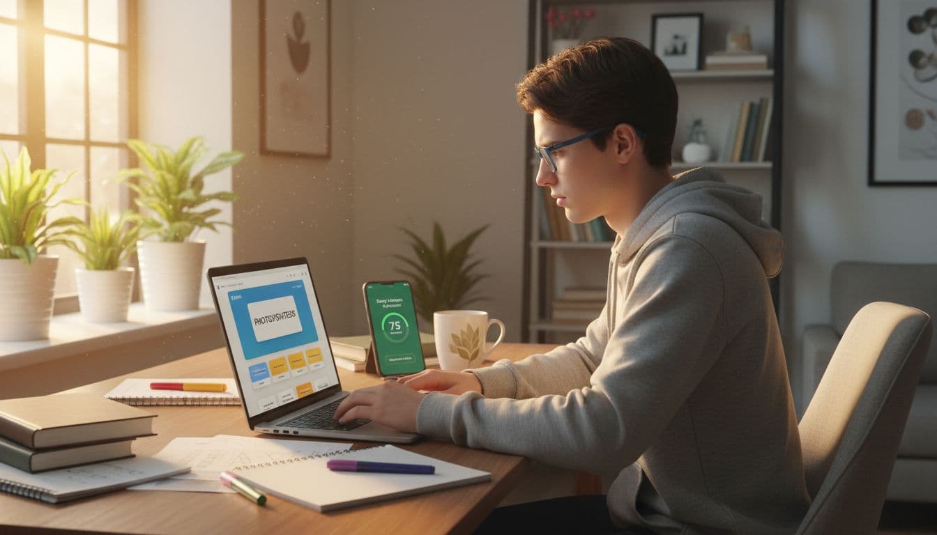 Photorealistic hero image of a focused student studying with a laptop showing flashcards and a phone with progress, in a bright modern room with plants and natural light, notebooks and a coffee mug on the desk.