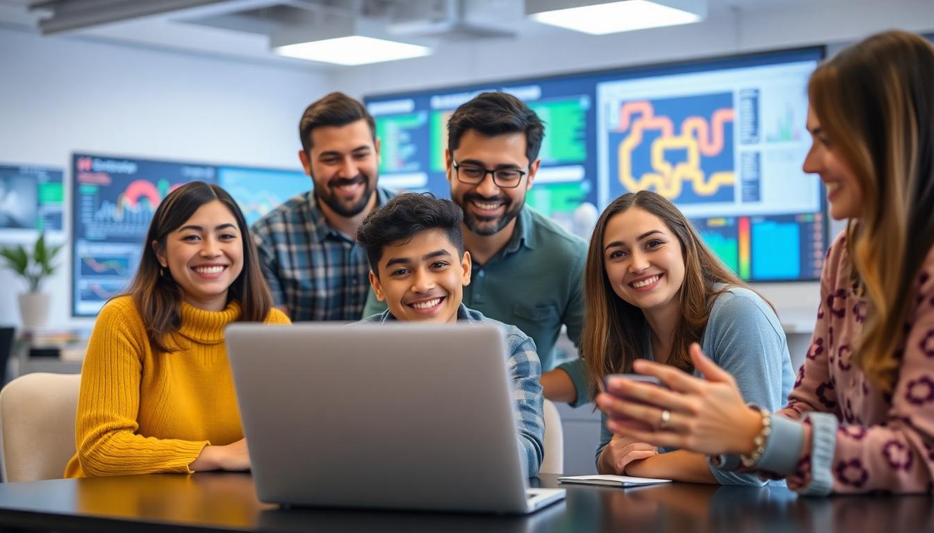 Friendly group of people, including a smiling beginner, gathered around a laptop exploring Hugging Face tools in a bright, collaborative workspace. Image created with AI.