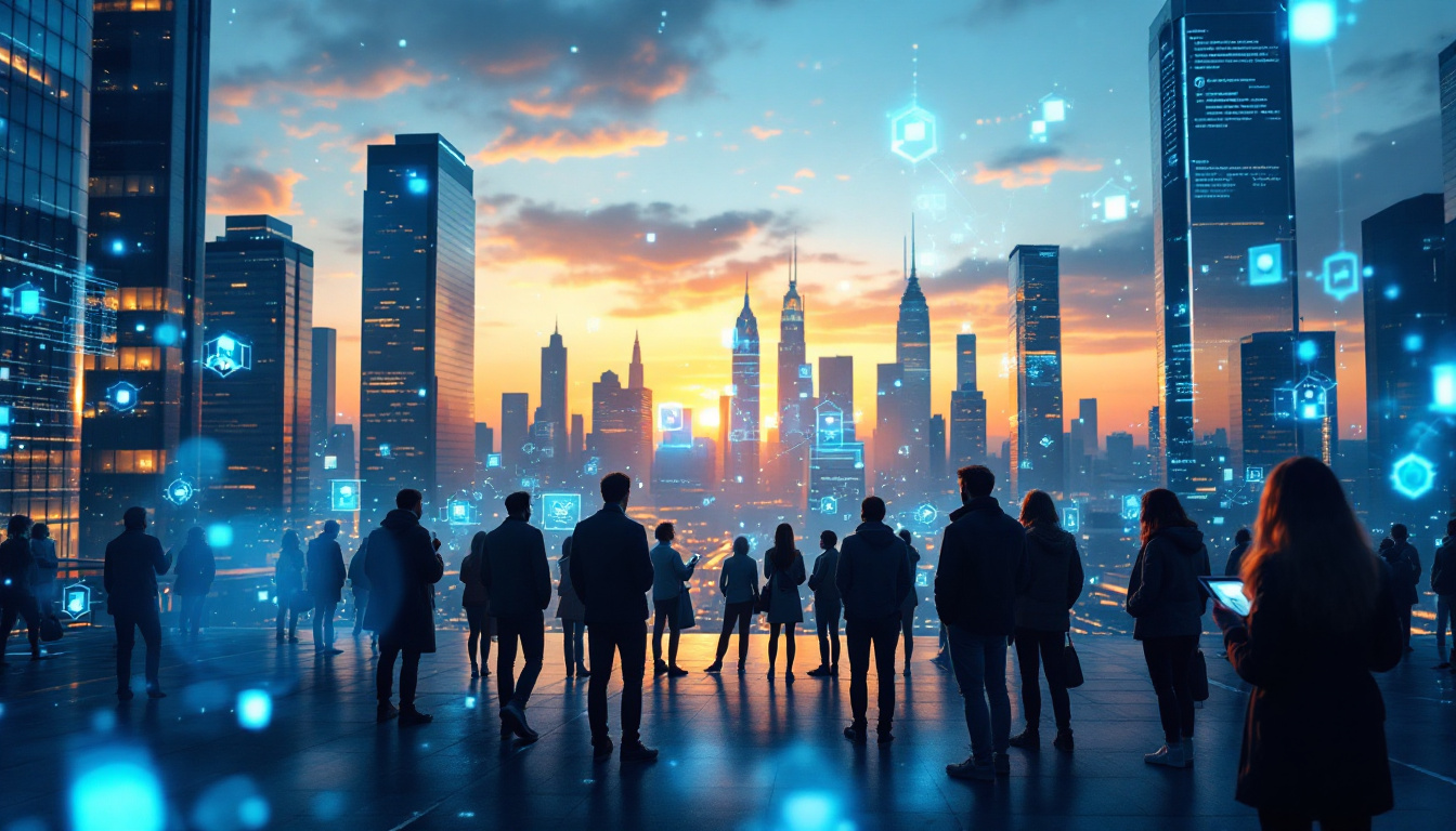Photorealistic city at dusk featuring people interacting with holographic digital agents, glowing data streams and a sense of energy, trust, and practical automation. Image created with AI.