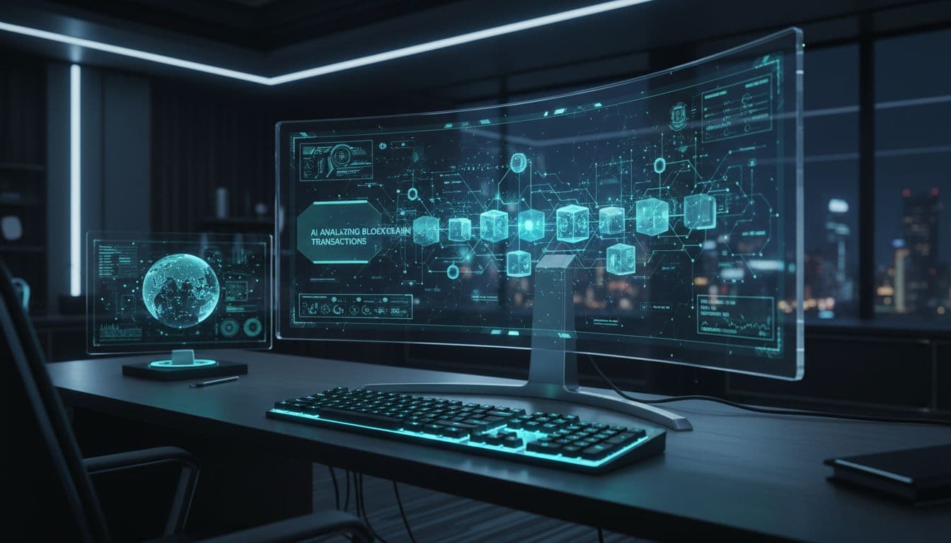 AI analyzing blockchain transactions on a wide monitor in a dark office, with glowing nodes connecting data across a chain. Image created with AI.