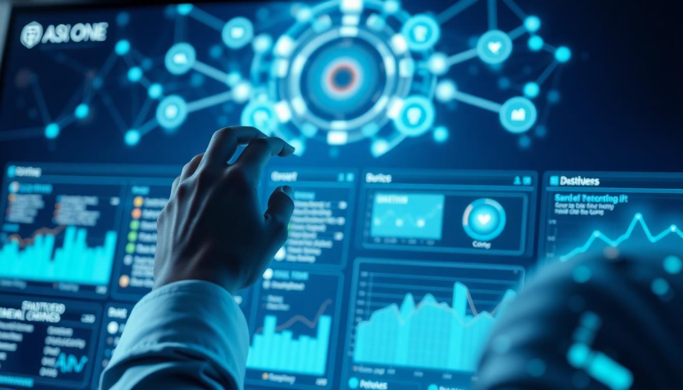 Photorealistic close-up of a futuristic AI dashboard with ASI:One orchestrating multiple agent workflows and graphs. Image created with AI.