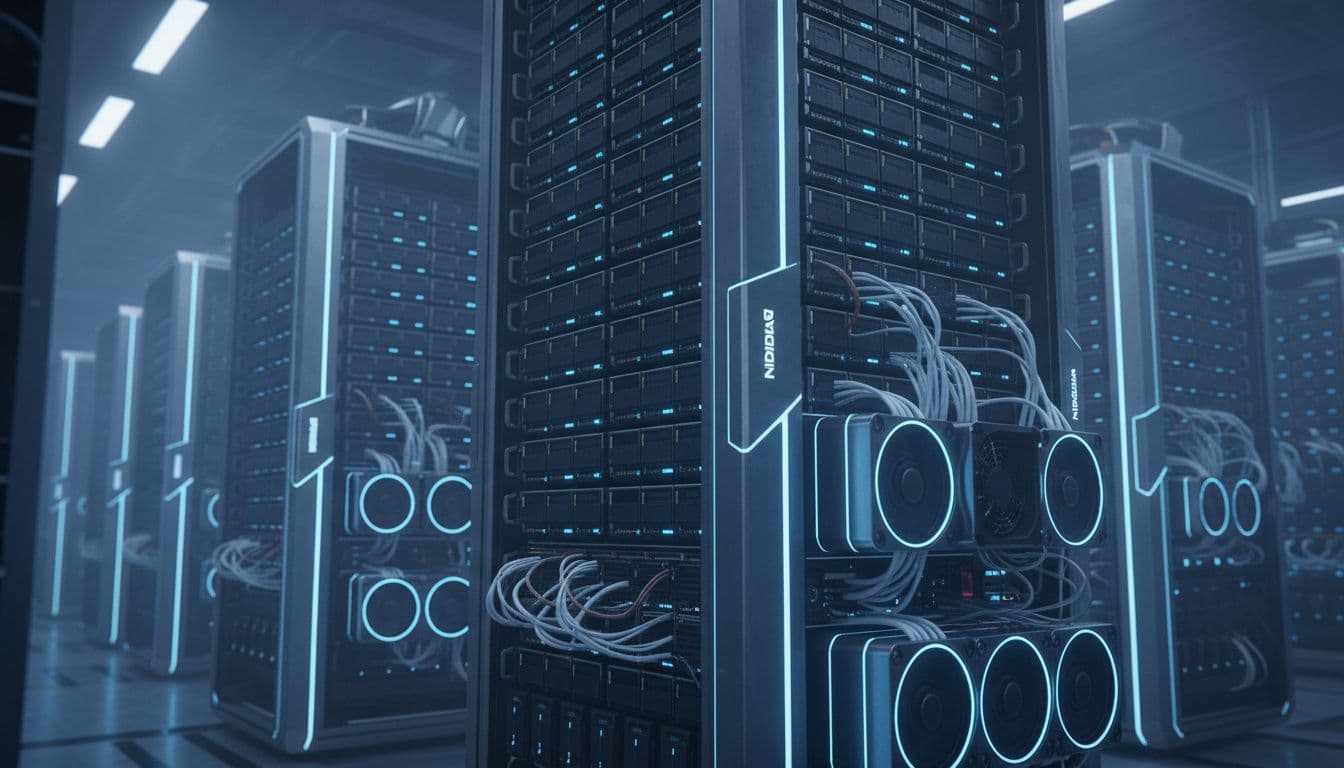 Futuristic AI server rack packed with high-capacity SSDs in a dark data center