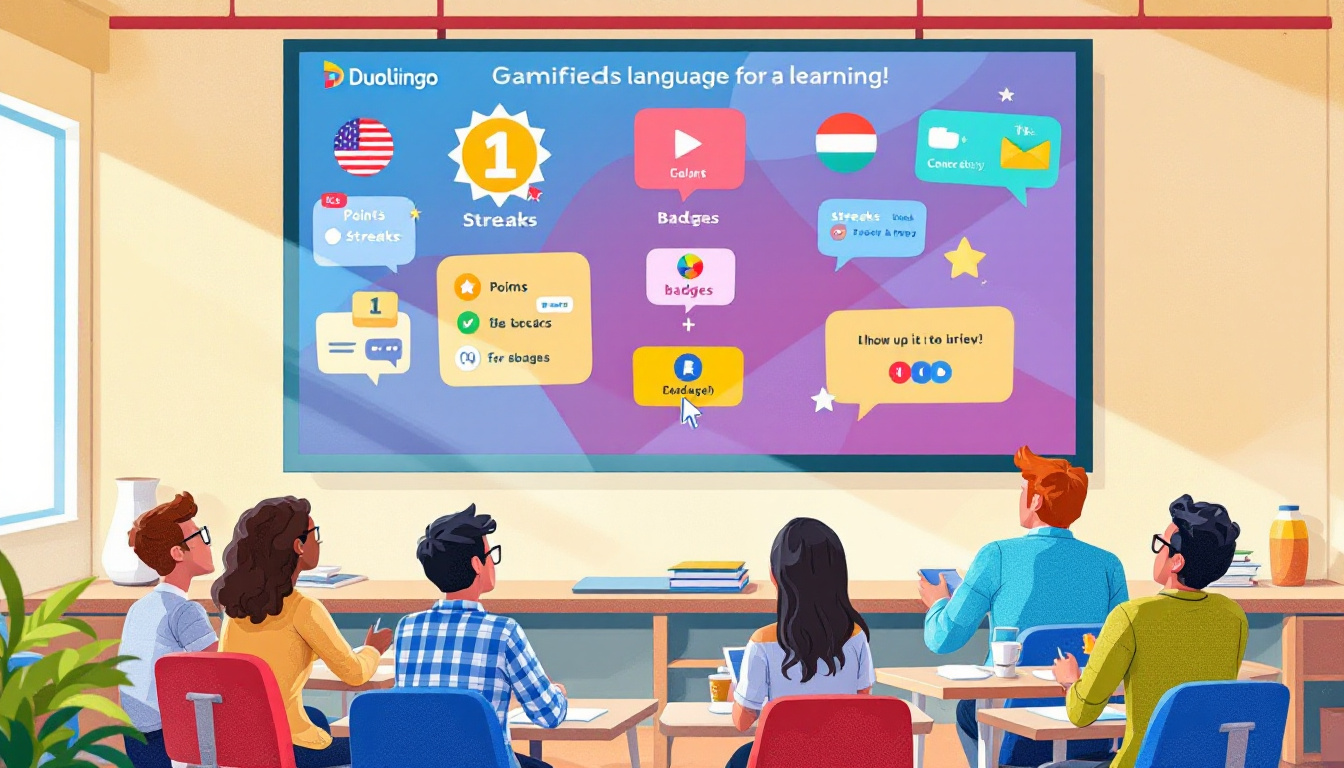 Illustration of gamified language learning in a classroom: a large screen shows points, streaks, and badges while students engage with Duolingo activities, colorful and lively, playful yet informative, modern classroom setting.