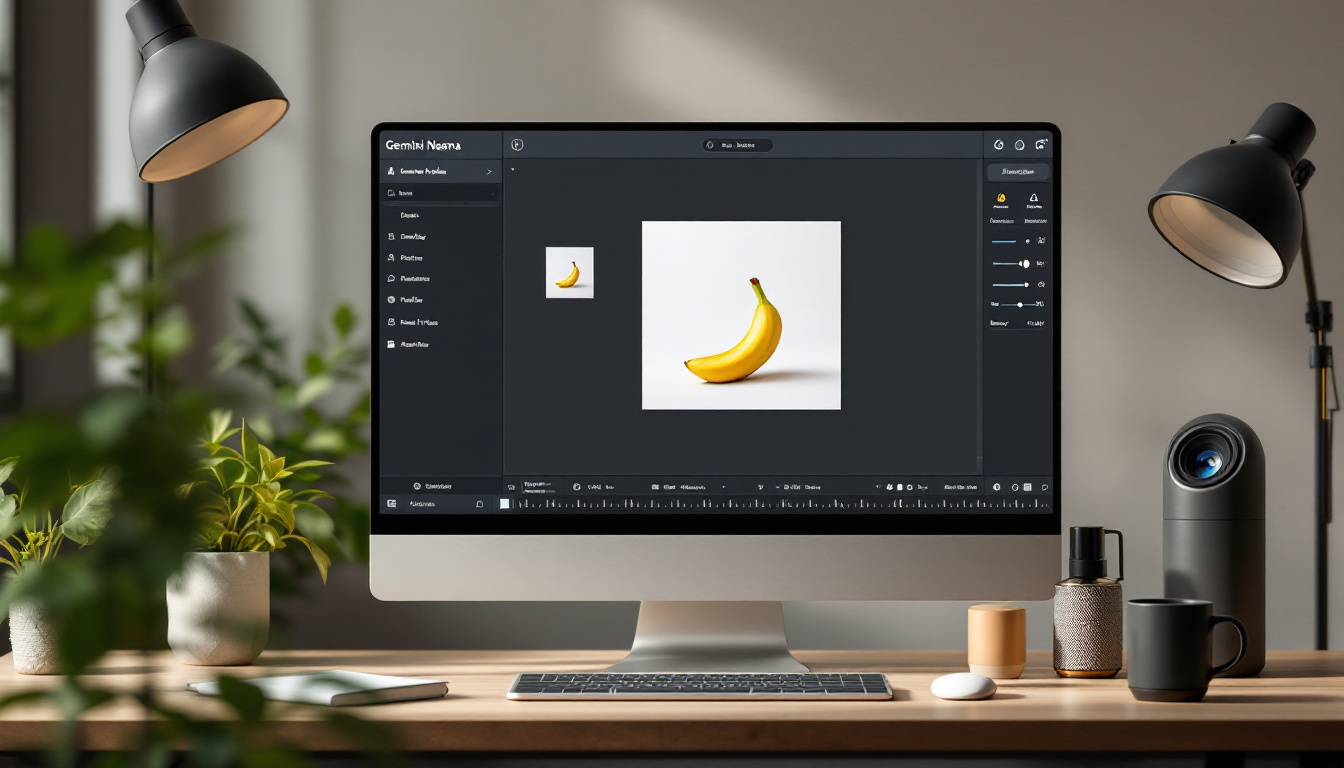 Gemini Nano Banana photorealistic editing interface, with clean toolbar, object selection, and realtime sliders. Image generated by AI.