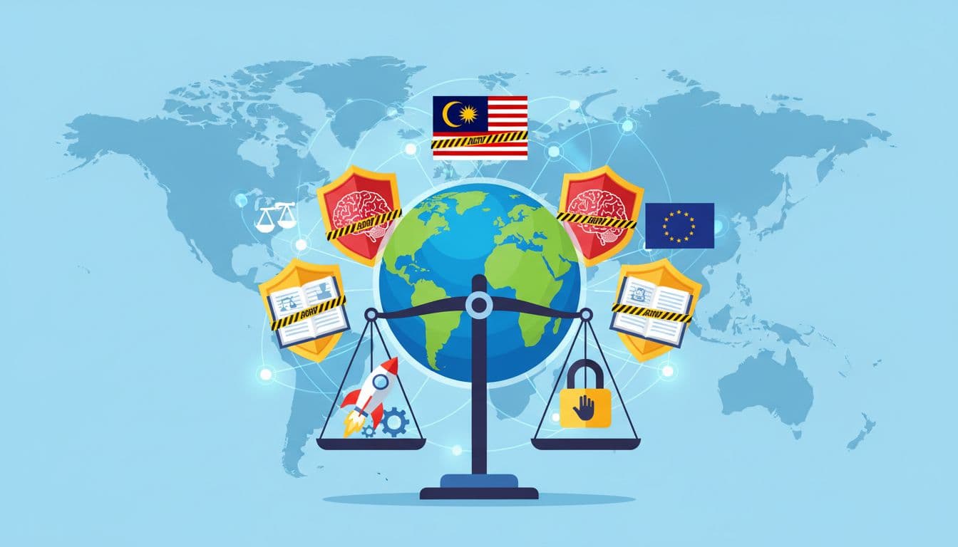 Stylized illustrative infographic featuring an earth globe with flags of Indonesia, Malaysia, and the EU, surrounded by shields, law books, and AI brains with caution tape. Foreground balanced scales represent innovation and safety, with network lines connecting countries in the background.