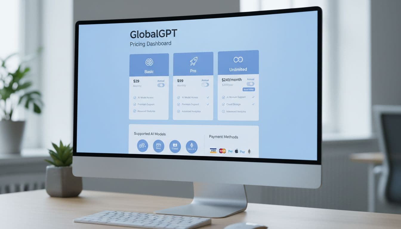 Photorealistic computer screen with GlobalGPT pricing plans visible on a modern desk