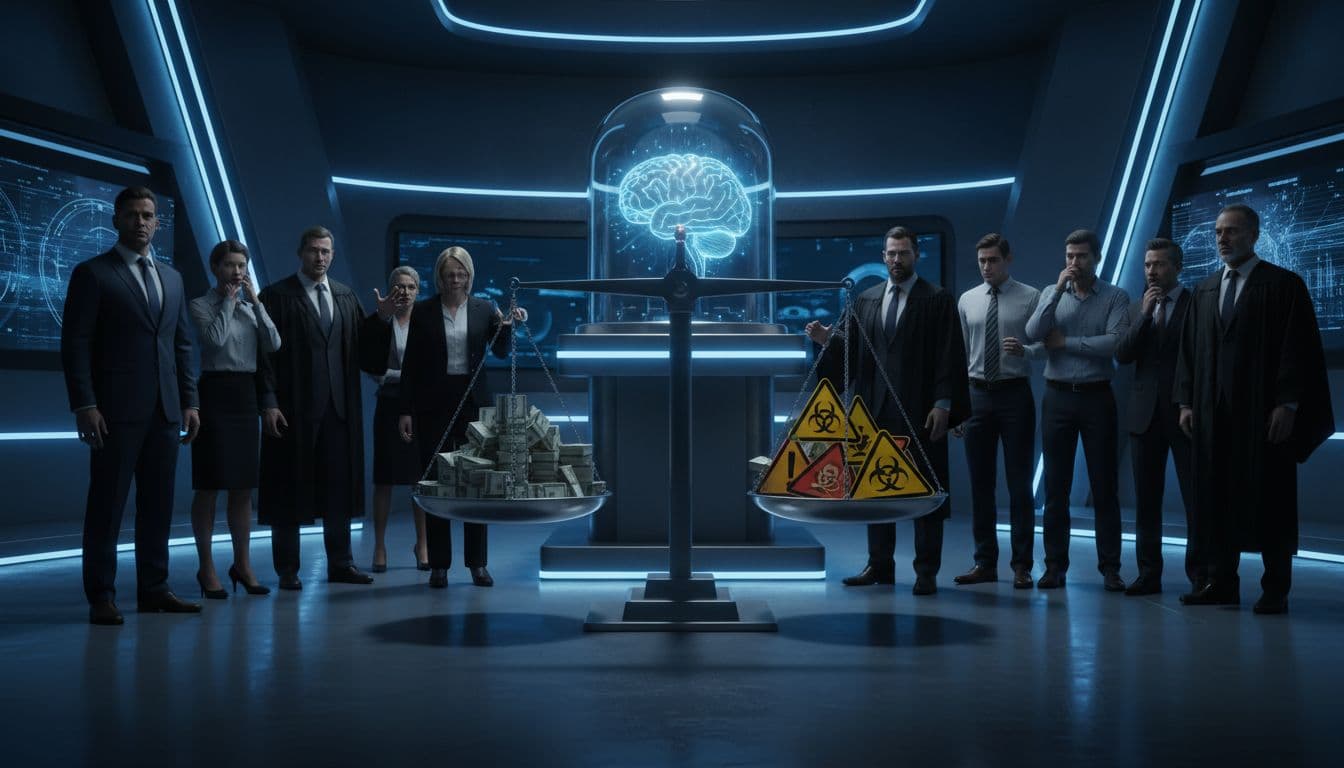 A dramatic courtroom scene with a glowing AI brain on the witness stand, scales of justice balancing stacks of cash against hazard warning signs, surrounded by corporate executives, lawyers, and confused employees in a high-tech chamber with blue neon lights.