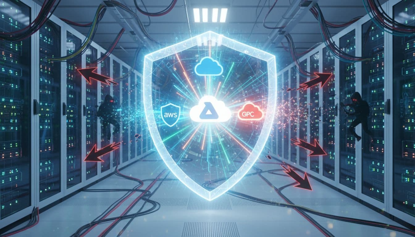A glowing digital shield protecting AWS, Azure, and GCP icons in a modern server room, deflecting cyber threats. Image created with AI.