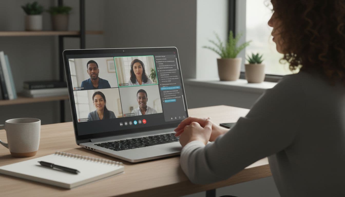 Photo-realistic view of a professional in a modern home office at a laptop displaying a Google Meet call with participants, subtle AI transcript sidebar, and action-item highlights, accompanied by notebook and coffee mug under natural light.