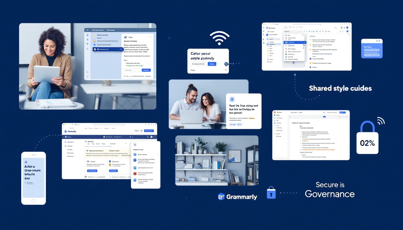 A professional workspace collage showing Grammarly Business features: real-time grammar and style suggestions, shared style guides, team collaboration, and secure governance in a sleek business environment. Image created with AI.