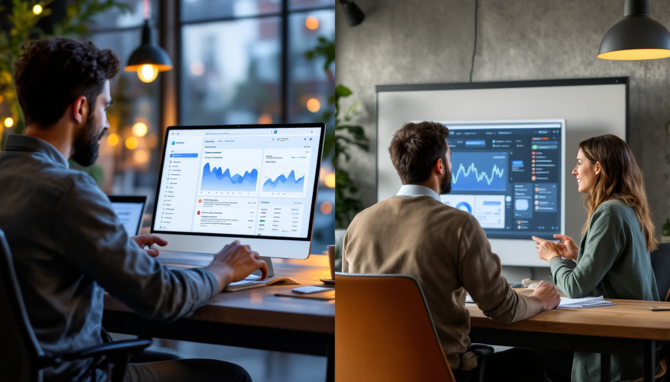 Split view of a solo freelancer using Grammarly Pro and a team reviewing Grammarly Business analytics in a modern office. Image created with AI.