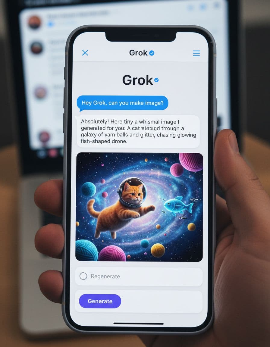 Close-up of a smartphone screen displaying the Grok AI chatbot interface inside the X app, showing a chat conversation about image generation and a generated fun image. Foreground emphasizes chat bubbles and generate button with blurred X timeline background.