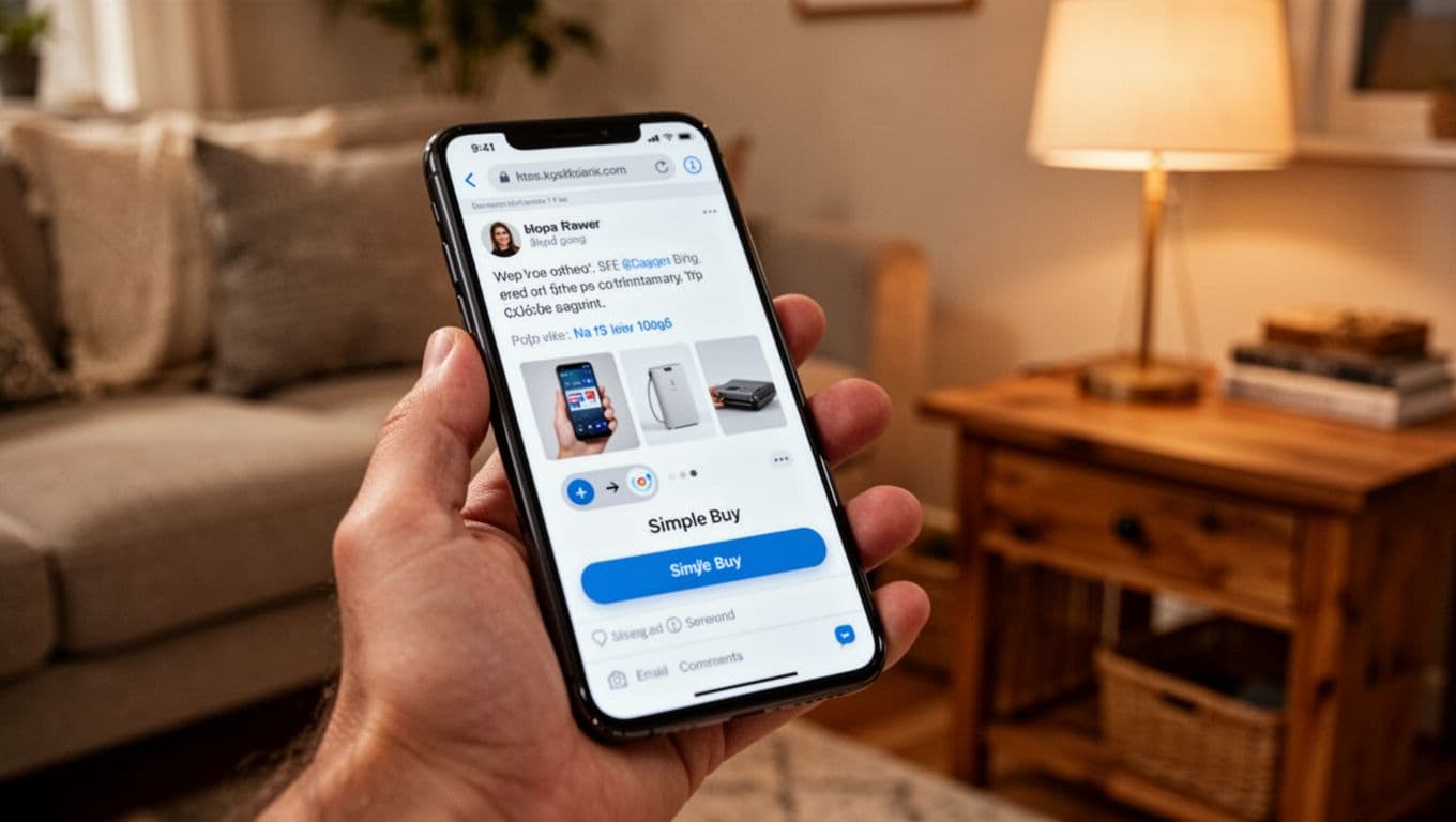 Photorealistic image of a relaxed hand gripping a smartphone in a cozy living room, screen showing a slightly blurred interactive email featuring a product carousel slider and simple buy button, with warm ambient lighting and high detail on screen elements.